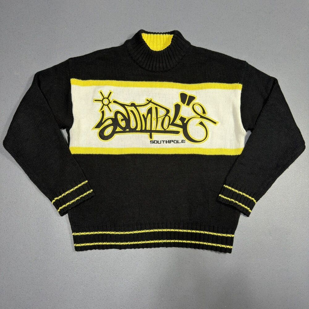 Vintage Y2K Southpole Graffiti Knit Sweater Mens Small Black Yellow Striped
